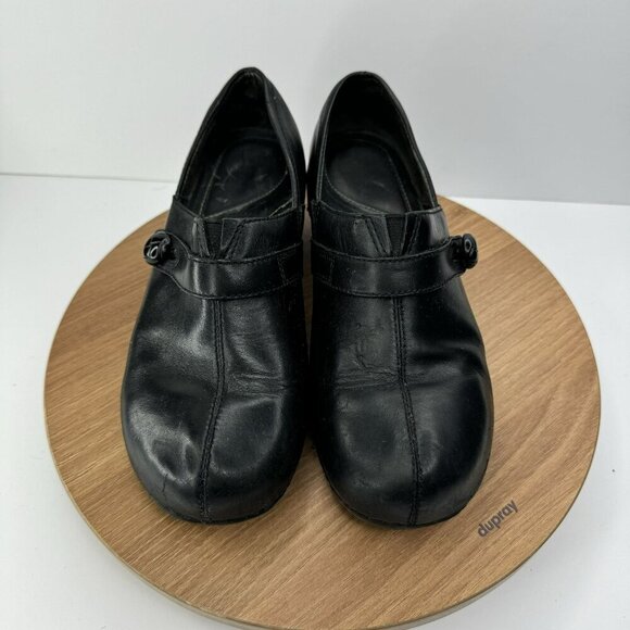 Dansko Womens Black Leather‎ Clogs Size 37 / 7 strap button detail comfort nurse - Picture 1 of 8